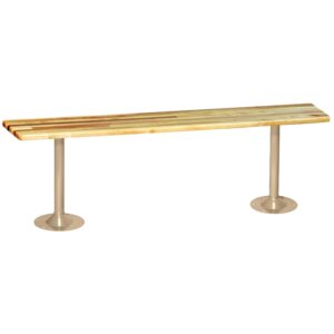 A long wooden bench with a simple, minimalist design. It features a smooth wooden seat supported by two metal legs with round bases. The wood has a natural finish, and the metal is painted beige.