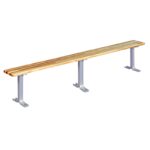 A long wooden bench with a simple design, featuring two parallel wooden planks supported by three metal legs. The legs are evenly spaced, providing stability. The bench is isolated on a white background.