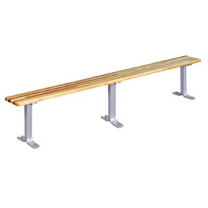 A long wooden bench with a simple design, featuring two parallel wooden planks supported by three metal legs. The legs are evenly spaced, providing stability. The bench is isolated on a white background.