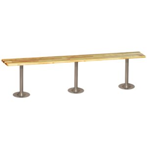 A long, minimalist wooden bench with three metal supports and no backrest, designed for outdoor or indoor use. The bench features light brown wooden slats and cylindrical metal legs.