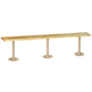 A long, minimalist wooden bench with three sturdy metal legs, designed for public or communal spaces. The bench has a simple, natural finish, and the legs are spaced evenly for support.
