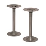 Two gray metal table pedestal bases with round mounting plates on both ends. Each base has a cylindrical body and pre-drilled holes for securing. The bases are positioned upright on a white background.