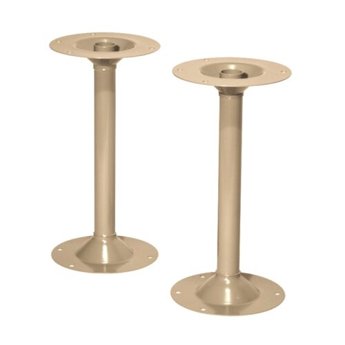 Two beige metal support columns with circular bases and top plates. Each column has multiple holes for mounting, suitable for securing structures like tables or shelves. The design is simple and industrial.