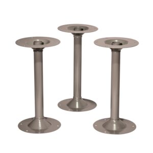 Three identical metal table legs with round bases and tops are standing upright against a white background. Each leg has a cylindrical shape and is designed for mounting.