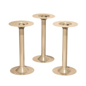 Three beige metal table legs with flared bases and round tops arranged in a triangular formation on a white background.