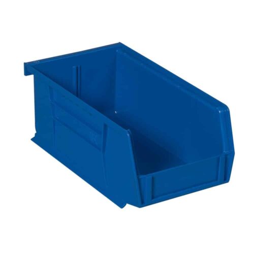 A blue plastic storage bin with an open front and solid sides, designed for organizing and holding small items. The bin is rectangular and has a lip at the top for easy handling or stacking.