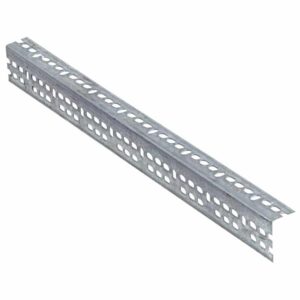 Metal angle section with a perforated pattern, used for construction or shelving. It has a long, narrow shape with a series of evenly spaced rectangular holes along its length.