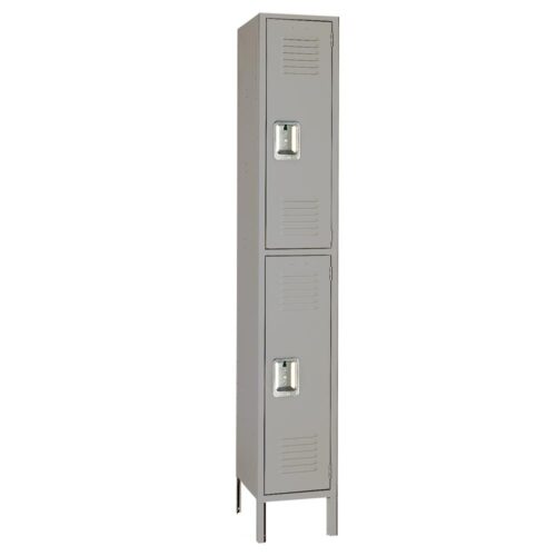 A tall, narrow gray metal locker with two compartments, each with a handle and ventilation slots. The locker stands upright on four legs.
