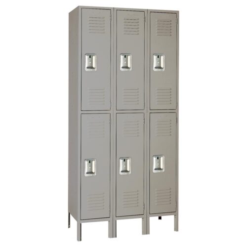 lyon-metal-locker-double-tier-icm-three-wide-dove-gray.jpg A gray metal locker unit with six compartments arranged in two columns and three rows. Each locker has a vented door with a handle. The unit stands upright with small legs at the bottom.