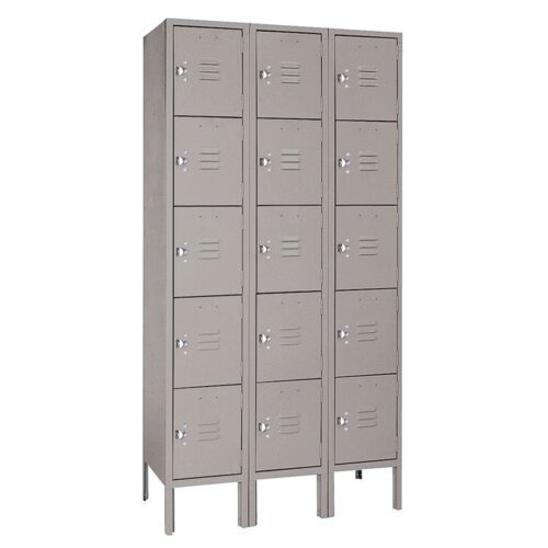 A set of twelve gray metal lockers arranged in three columns and four rows. Each locker has a ventilation slot and a handle. The lockers are elevated on legs.