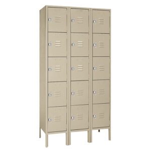 A beige metal locker unit with three columns and four rows of lockers, each featuring a vented door with a handle. The lockers are elevated on legs, suitable for storage in schools, gyms, or workplaces.