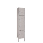 A tall gray metal locker with four compartments, each featuring a small ventilated slot and a secure latch for a padlock. The locker stands on four legs. The design is simple and utilitarian.