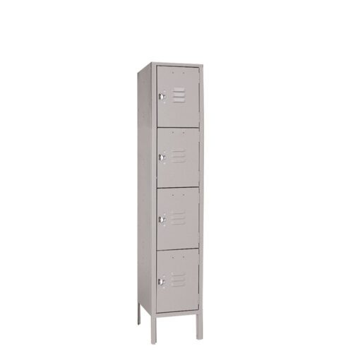 A tall gray metal locker with four compartments, each featuring a small ventilated slot and a secure latch for a padlock. The locker stands on four legs. The design is simple and utilitarian.