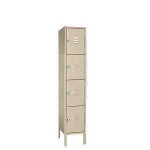 A beige metal locker unit with four compartments stacked vertically. Each compartment has a vented door with a handle and lock. The locker stands on four legs.