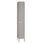Tall, narrow gray metal locker with vents and a handle on the door, standing on four legs against a plain background.