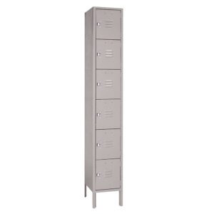 A tall, narrow metal locker with six compartments, each featuring a small vent and handle. The locker stands on four short legs. The overall color is a light gray.