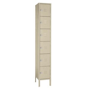 Tall beige metal locker with six compartments and small ventilation slots on each door, each equipped with a circular lock handle. The locker stands on four legs and is designed for compact spaces.