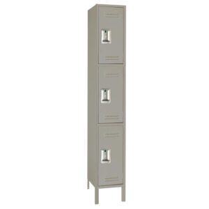 A tall, narrow, gray metal locker with three stacked compartments, each featuring a vented door and a handle. The locker stands on four short legs.