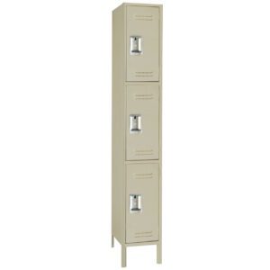 A tall, beige metal locker with three compartments, each having a vent and a silver handle. The locker stands on four small legs.