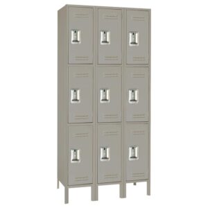 A gray metal locker unit with three columns and three rows, totaling nine compartments. Each locker has a silver handle and ventilation slots. The unit stands on raised legs.