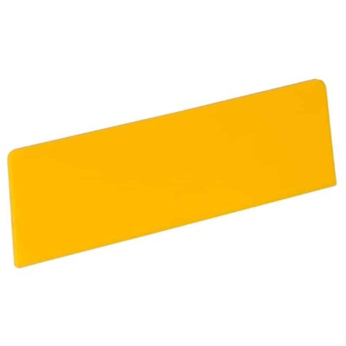 A rectangular, bright yellow plastic placard with rounded corners, set against a white background.