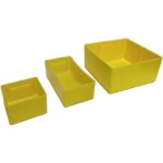 Three yellow rectangular containers of different sizes are aligned in a row. The smallest is on the left, the medium-sized one is in the middle, and the largest is on the right. They appear to be made of plastic.