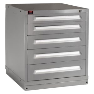 A gray metal cabinet with five drawers, each featuring a white handle. The cabinet is slightly angled, and a small logo is visible on the top left corner.