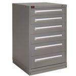 A gray metal cabinet with five drawers, each featuring silver handles. The cabinet is rectangular and stands on a flat surface, suitable for storage or organizing tools.