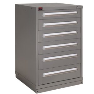 A gray metal cabinet with five drawers, each featuring silver handles. The cabinet is rectangular and stands on a flat surface, suitable for storage or organizing tools.