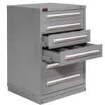 A gray, metal filing cabinet with five drawers, some of which are partially open. The cabinet is designed for organizing and storing documents or tools, and it has a lock on the top drawer.