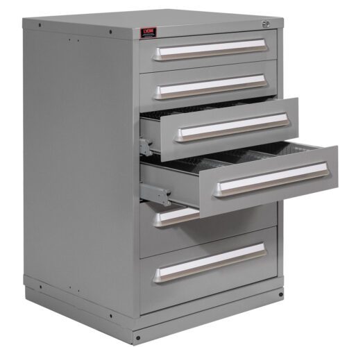 A gray, metal filing cabinet with five drawers, some of which are partially open. The cabinet is designed for organizing and storing documents or tools, and it has a lock on the top drawer.