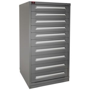 A tall, gray metal storage cabinet with seven wide drawers, each with a horizontal handle. There is a small rectangular label on the top left corner. The cabinet stands on a flat base.