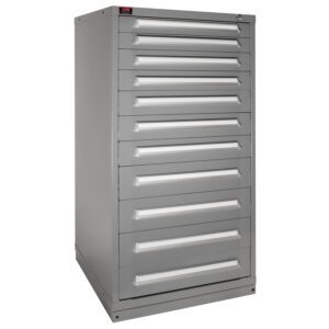 Tall gray metal tool cabinet with 11 drawers, featuring modern handles. The top has a lock, and a brand label is visible on the upper left corner. Set against a plain white background.