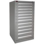 A tall, gray metal storage cabinet with nine pull-out drawers stacked vertically. Each drawer has a handle and a label slot. The cabinet has a simple, industrial design and appears sturdy and functional.