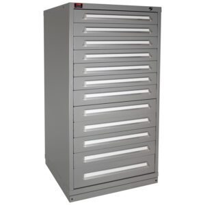 A tall, gray metal storage cabinet with nine pull-out drawers stacked vertically. Each drawer has a handle and a label slot. The cabinet has a simple, industrial design and appears sturdy and functional.
