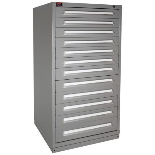 A tall, gray metal storage cabinet with nine pull-out drawers stacked vertically. Each drawer has a handle and a label slot. The cabinet has a simple, industrial design and appears sturdy and functional.