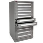A tall, gray metal tool cabinet with multiple drawers, two of which are partially open. The cabinet stands on the floor and has smooth, recessed handles on each drawer for easy access.