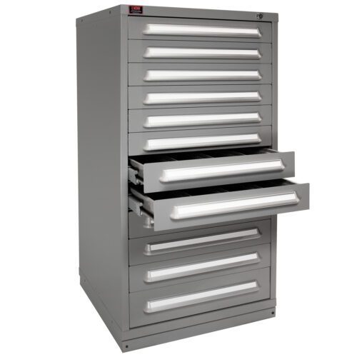 A tall, gray metal tool cabinet with multiple drawers, two of which are partially open. The cabinet stands on the floor and has smooth, recessed handles on each drawer for easy access.