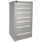 A tall, gray metal storage cabinet with six drawers, each featuring a horizontal handle, is displayed against a plain white background.