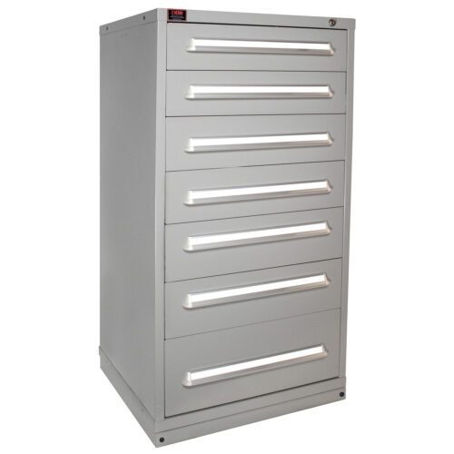 lyon-modular-drawer-cabinet-standard-wide-eye-level-height-7-drawer-683030000G.jpg A tall, gray metal storage cabinet with six drawers, each featuring a horizontal handle, is displayed against a plain white background.