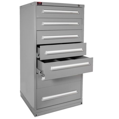 A tall, gray metal storage cabinet with four open drawers and two closed ones. The cabinet features sleek, horizontal handles on each drawer, and a small label at the top indicating Lista. The cabinet is positioned on a white background.