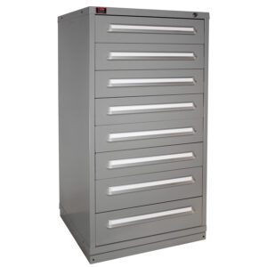 A gray metal storage cabinet with six drawers, each featuring a horizontal handle. The cabinet has a clean, industrial design suitable for organizing tools or supplies. It stands on a flat surface.