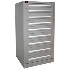 A tall, gray metal cabinet with eight pull-out drawers, each with a white handle. The cabinet has a small lock near the top and a brand logo in the upper left corner. It stands against a plain white background.