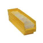 Yellow stackable plastic storage bin with a slanted front opening, featuring four clear dividers inside.