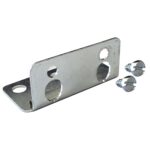 Metal bracket with a right-angle bend, featuring two circular cutouts and two smaller holes for mounting. Two screws with Phillips heads are placed beside it. The bracket appears metallic and reflective.