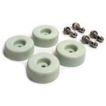 Four light green rubber bumpers with a hole in the center are arranged in the foreground. Four metallic bolts with attached washers are placed beside the bumpers, set against a white background.