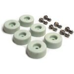 Six round, green rubber pads with holes in the center are arranged in a staggered formation. To the right, six metal bolts with washers and nuts are aligned in a row. The background is white.