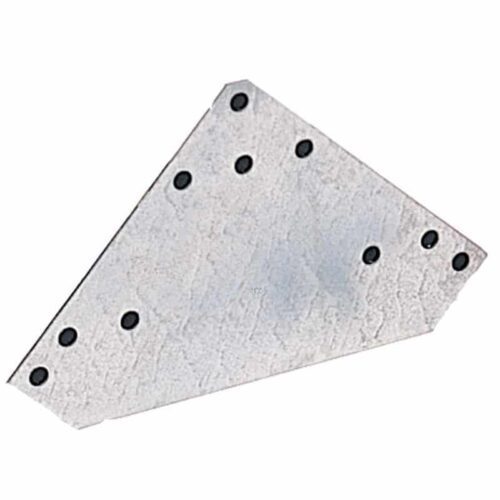 A metal triangle with eight small black holes along its edges. The surface appears textured, and the shape resembles a right-angled triangle with slightly uneven sides.
