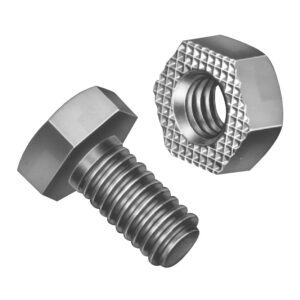 A silver hexagonal bolt and matching nut are displayed on a white background. The bolt has detailed threading, and the nut features a textured outer edge. Both have a metallic sheen typical of steel hardware.