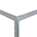 Close-up of two intersecting L-brackets made of perforated metal, forming a right angle. The brackets have evenly spaced oval holes and are designed for structural support or shelving. The image focuses on the corner junction.